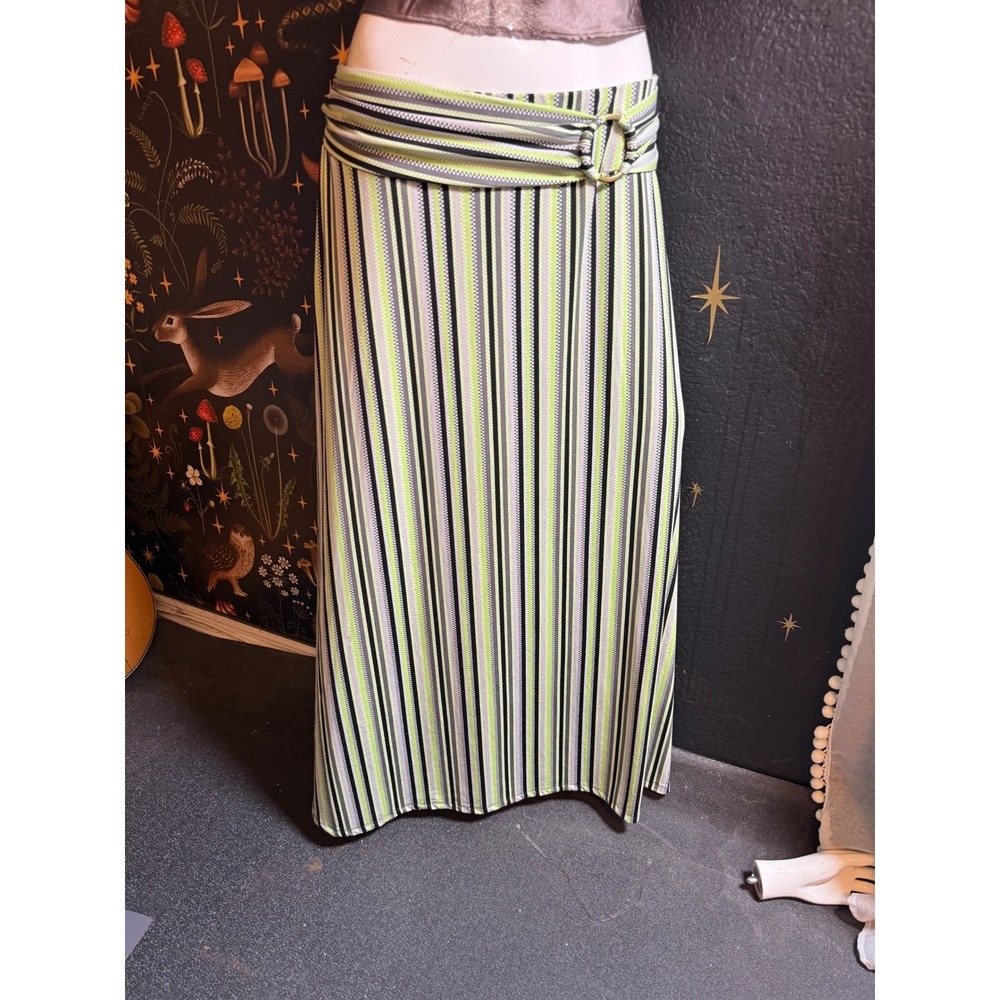 Robert Louis Lime Green Striped Maxi Skirt XL Buckle Waist Y2K A-Line Stretch